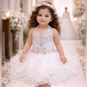 Girls white halter flower girl cupcake princess couture birthday summer dress.